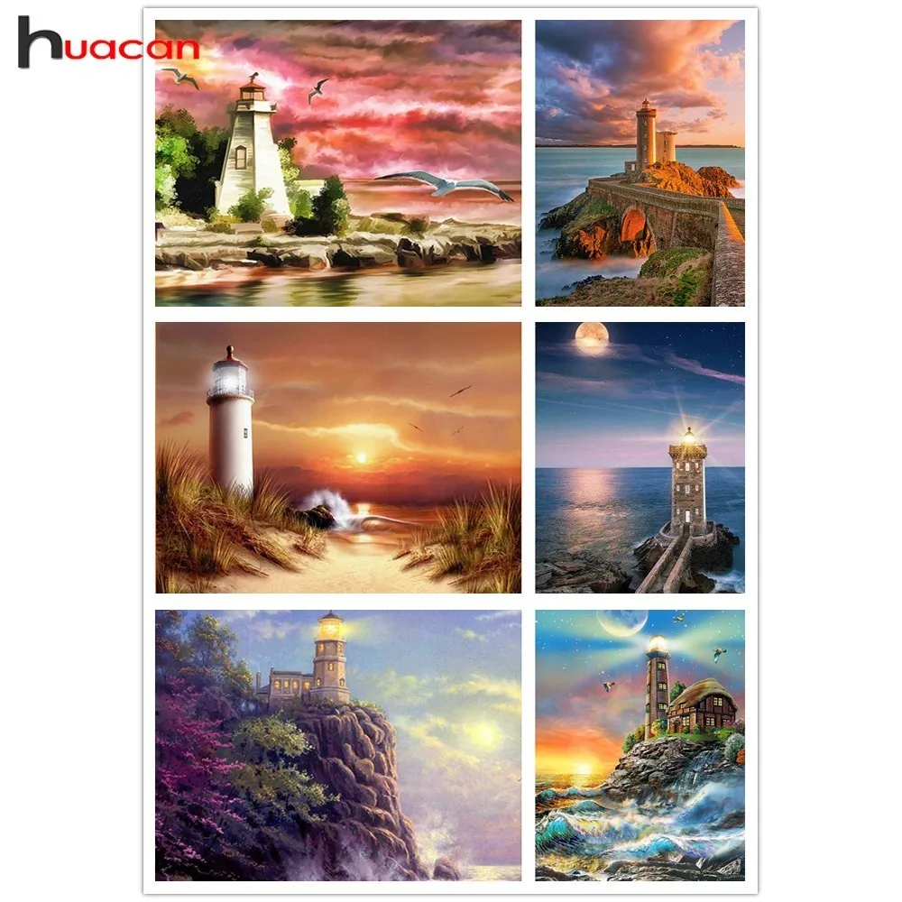 

HUACAN 5D DIY Diamond Painting Landscape Diamond Mosaic Lighthouse Full Square Drill Picture Of Rhinestone Decor Home