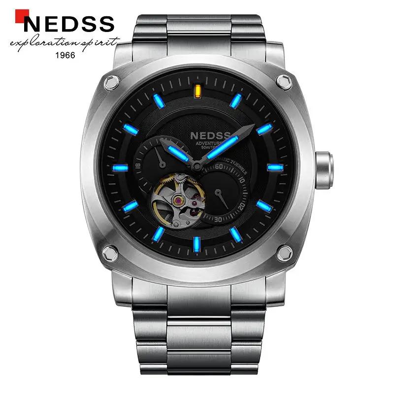 

NEDSS mens watches top brand luxury wristwatch skeleton Watch Men automatic watches Tritium Luminous Waterproof Black clock 2017
