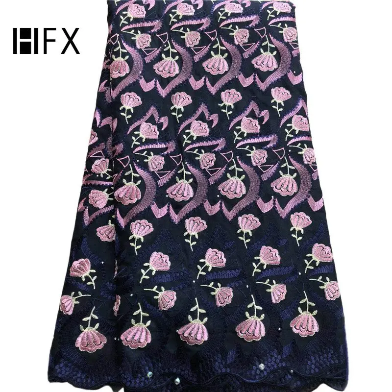 

HFX Swiss Vole Lace Fabric Embroidered Flowers Nigeria 5 Yards Lace Latest Navy Blue Mix Pink African Lace Fabric L369
