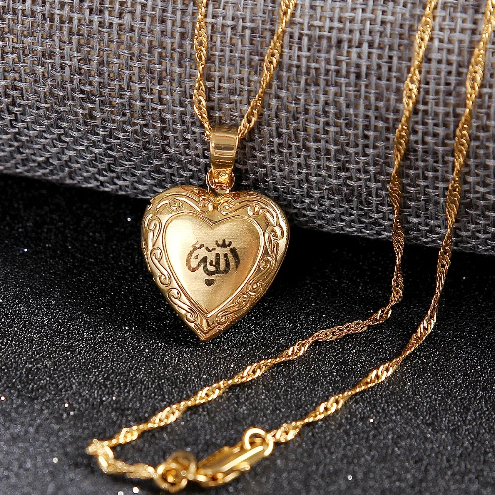 Подвеска в форме сердца, Алла, ювелирное изделие для женщин, 24 K, золотое, мусульманское сердце, Бог, Открытое сердце, подвеска, ожерелье с цепочкой