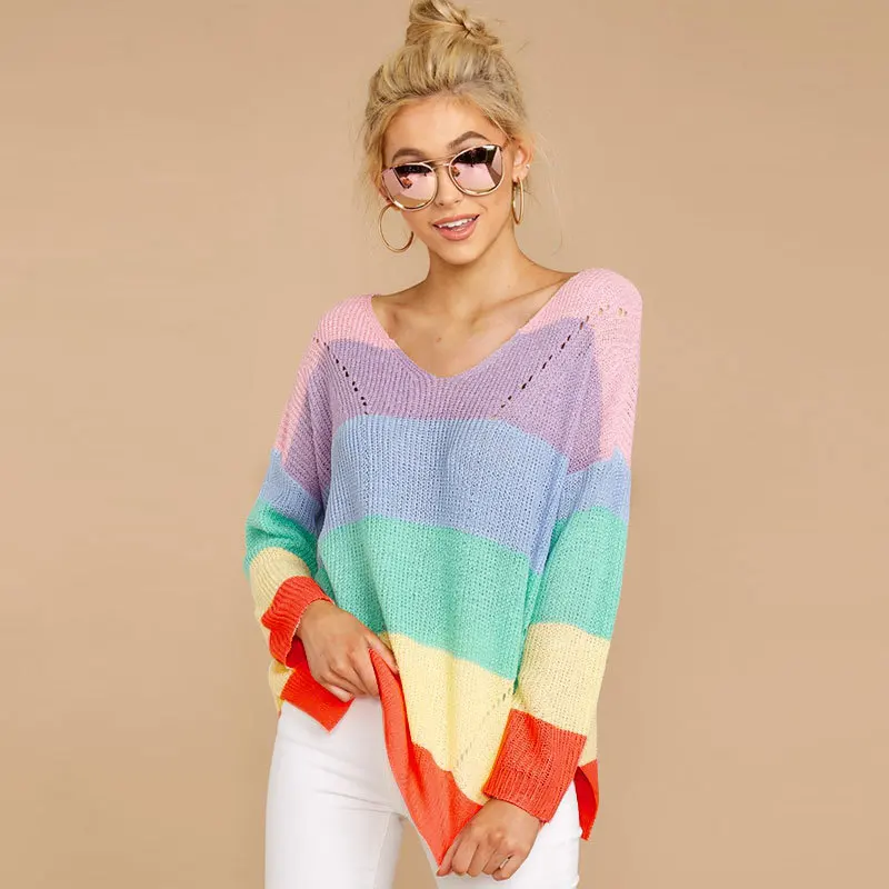 

Women Fashion Rainbow Striped Knitted Turtleneck Sweater Summer Casual V Neck Loose Long Sleeve Knitwear Female Sweater Tops