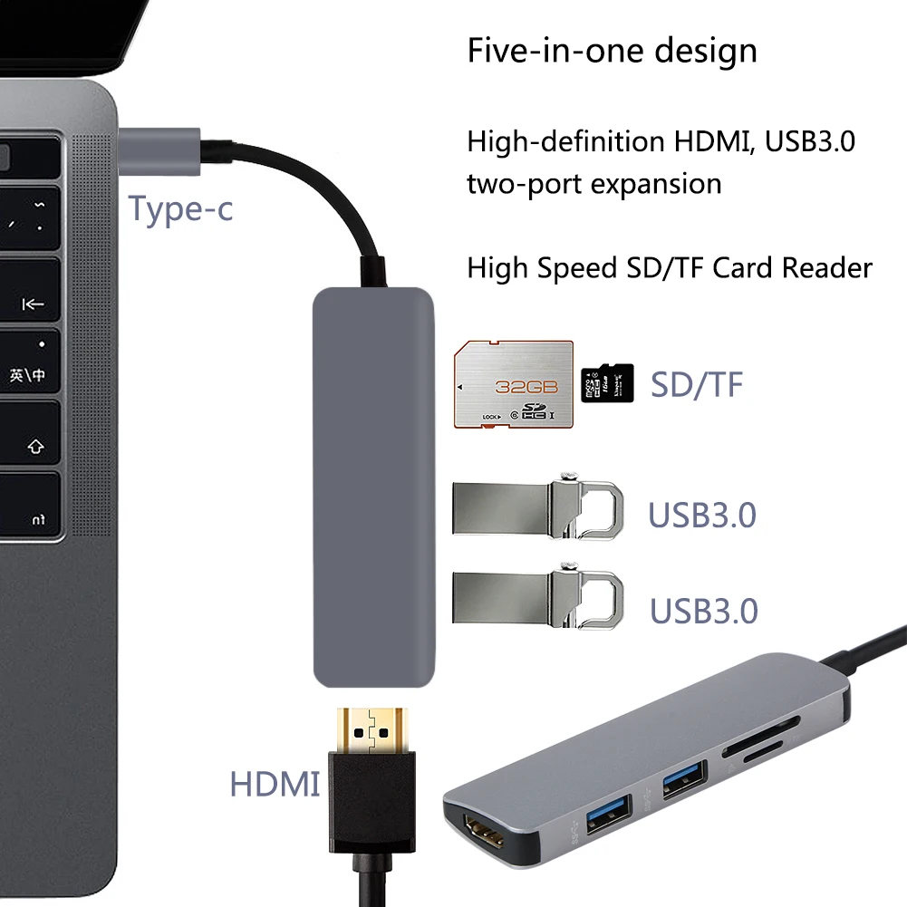 Алюминий 5 в 1 USB-C USB C концентратор тип-c до 4K HDMI 2 порта USB 3,0 концентратор SD/TF кард-ридер для type C концентратор адаптер