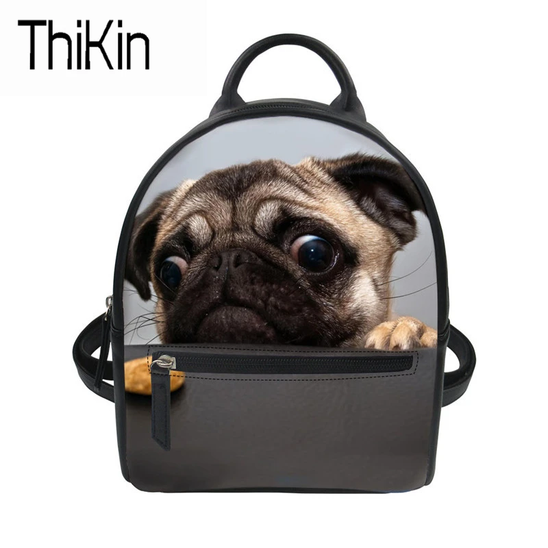 THIKIN Small School Backpack Pu Leather Mini Backpack Pug Dog Print