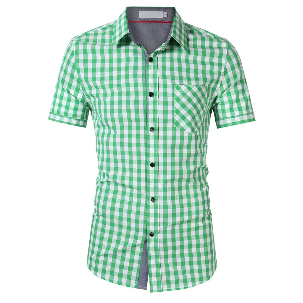 Рубашка мужская уличная chemise homme летняя мужская повседневная комбинированная с отворотом клетчатая печать летняя футболка с карманом