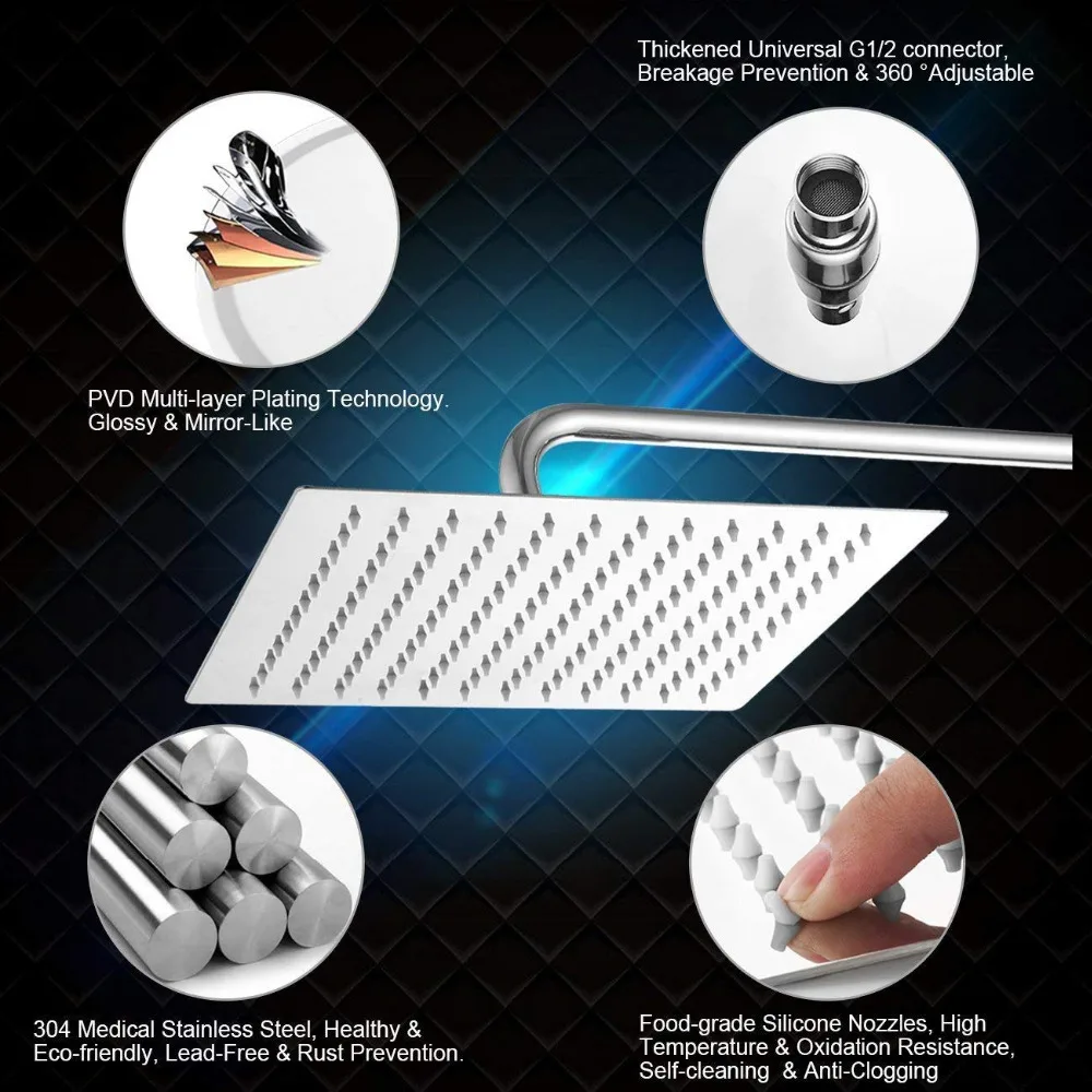 16 Inch Large Square Rain Shower Head Stainless Steel High Pressure Shower Head Polished Finish Ultrathin Bathroom Accessories 2