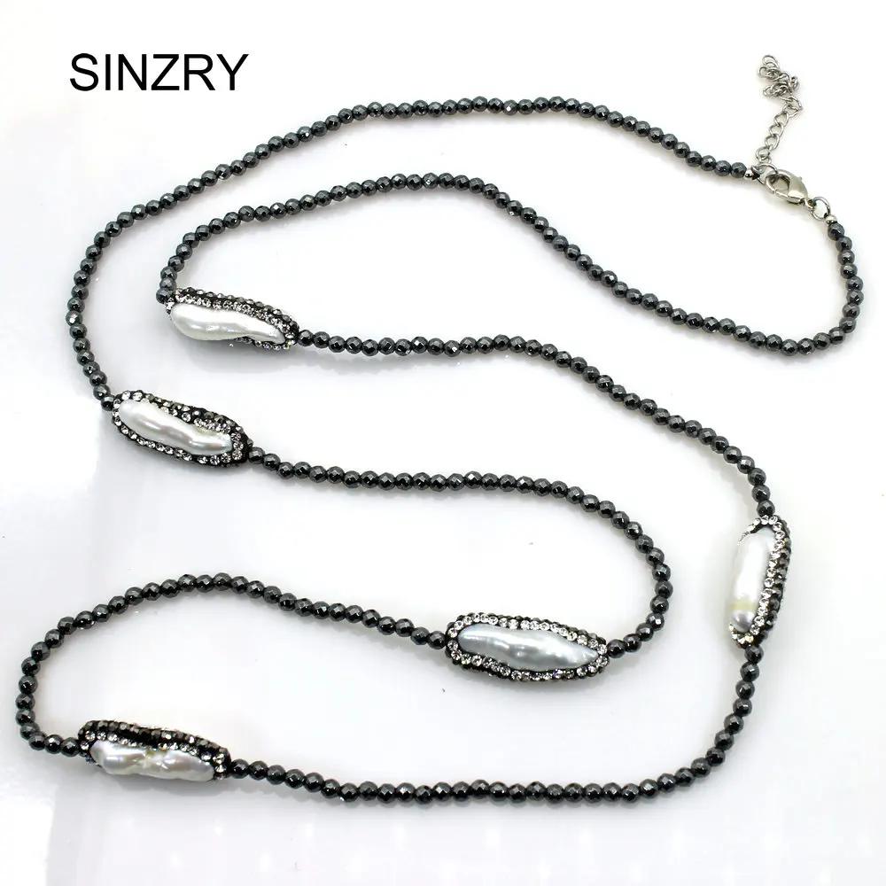 

SINZRY 2018 Luxury Druzy Jewelry Natural hematite stone bead long necklaces baroque irregular fresh pearl CZ sweater necklaces