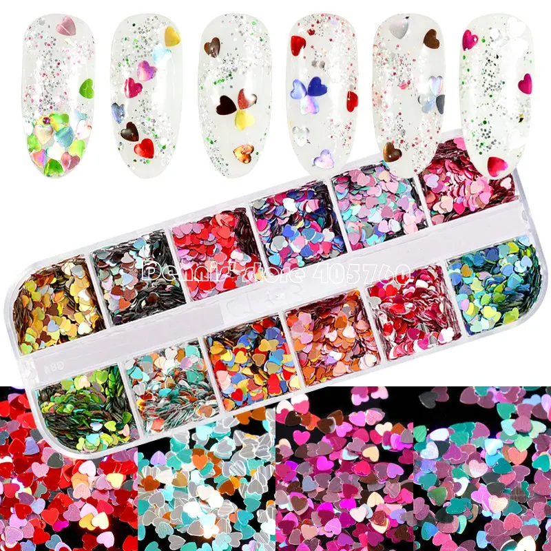 

12 Grids/Set or 1 JAR Colorful Glitter Peach Heart-shaped Sequins Nail Art Slice Paillette Manicure DIY Set TXH