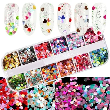 

12 Grids/Set or 1 JAR Colorful Glitter Peach Heart-shaped Sequins Nail Art Slice Paillette Manicure DIY Set TXH