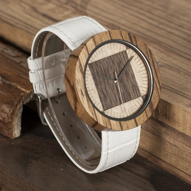 BOBO BIRD Round Wooden Case Mens Watches Simple Wood Dial Leather Wristwatch in Gift Wooden Box