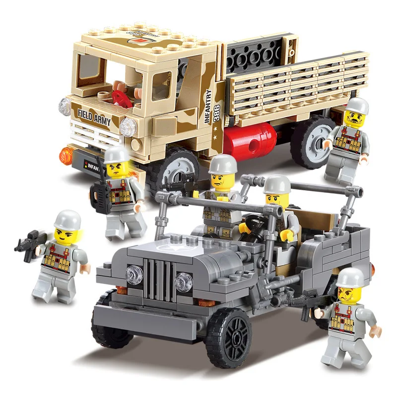 Military Truck Bricks Sets Legoings DIY Educational Toys Brinquedos for Children Military Vehicles Jeep Car Recovery Vehicle