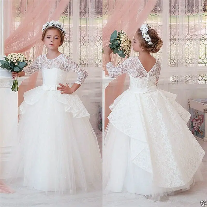 Vintage White/ivory sheer lace flower girl dress V-back ball gown kids holy the first communion gown with sleeves for wedding Vintage White/ivory sheer lace flower girl dress V-back ball gown kids holy the first communion gown with sleeves for wedding