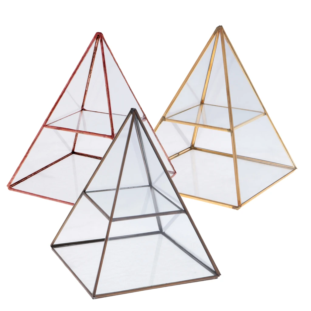 2 Tiers Vintage Style Brass Clear Glass Pyramid Mirrored Shadow Box Jewelry Display Case