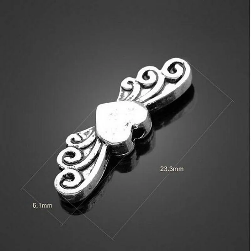 

50pcs 6*23mm Vintage Angel Wing Silver Color Love Heart Beads Fit Making Necklace Bracelet Jewelry Accessories Wings Beads