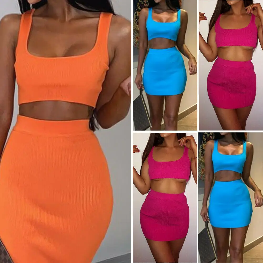 

Women Crop Top+Skirt 2 Piece Set Summer Ladies Bodycon Party Clubwear Sexy Clothes Set 6-12