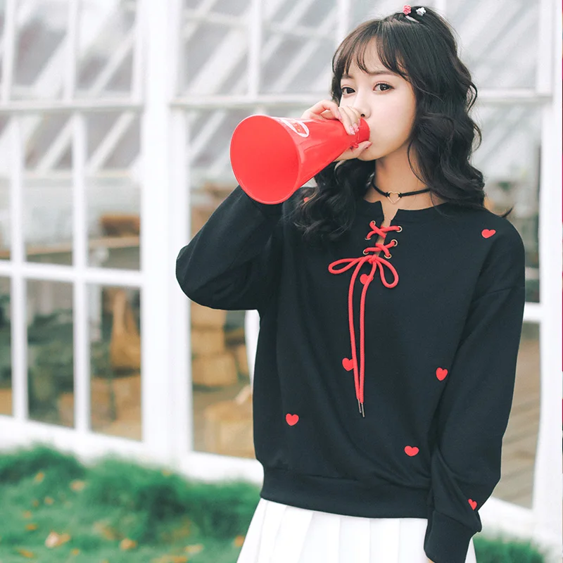 2020 Женская туника Свитшот в японском стиле Harajuku Ulzzang Love с вышивкой и галстуком