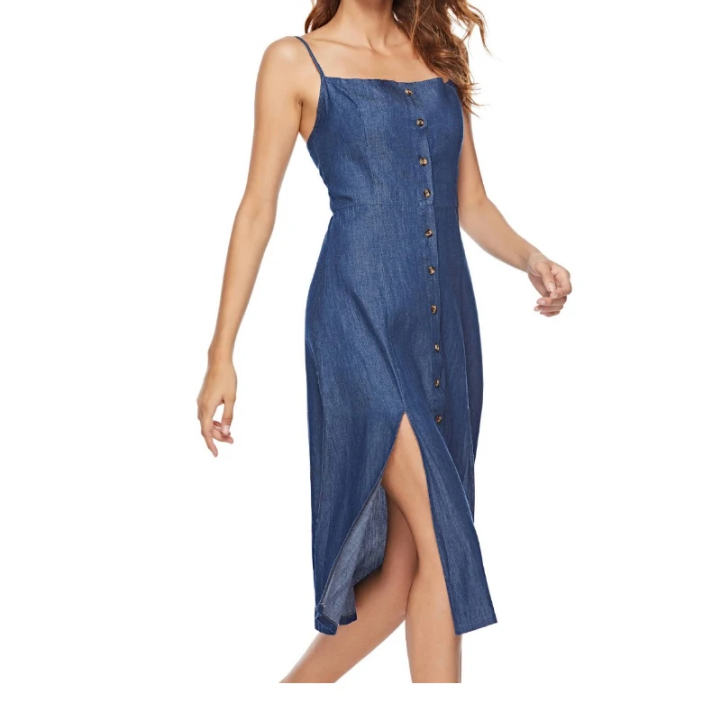 Washed Women Overalls Denim Dress Sleeveless Single-Breasted Buttons Denim Dresses For Women Casual Split Strap Jeans Dress Midi