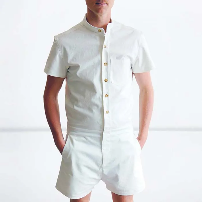 Fashion New Men's Clothes Solid-color Jumpsuits Male Single-row Button Jumpsuits Leisure Suit Short Sleeve Overall Clothes - Цвет: white