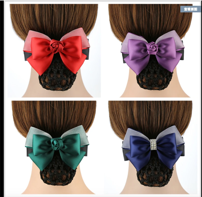 

Fashion Handmade Office Lady Bow Flower Tie Barrette Hair Clip Cover Bowknot Net Bun Snood Hair Accestory