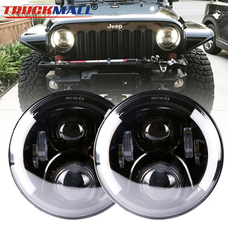 

7Inch LED Amber Turn Signal Headlights Projector Headlamps with Halo Ring Daytime Running Light for Land Rover 90/110 Tdci