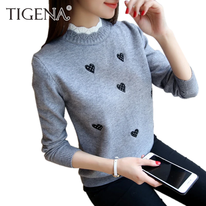 

TIGENA 2019 Autumn Winter Knitted Turtleneck Pullover and Sweater Women Jumper Embroidery Cute Sweater Female Pull Fmme Yellow