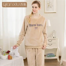 Осенние домашние пижамы, женские повседневные пижамные комплекты с вышивкой, Женский Теплый фланелевый Пижамный костюм, женская футболка с круглым вырезом+ штаны