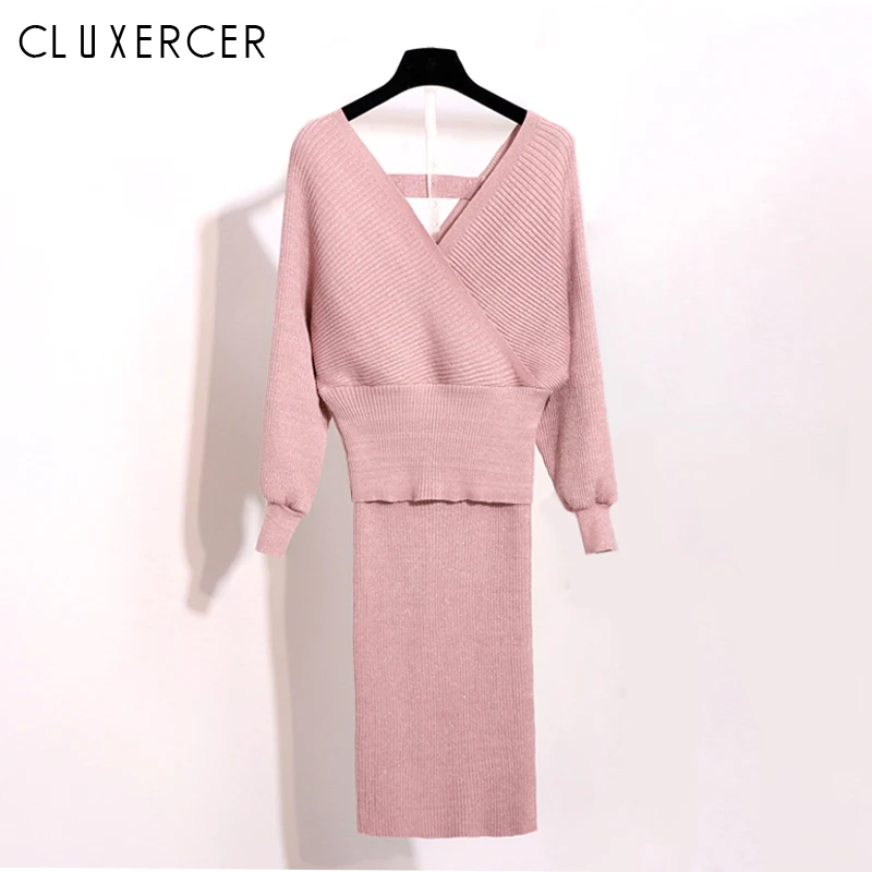 

Spring Autumn Long Sleeve Knitted Sweater And Pencil Skirt Two Piece Set Women Elegant V Neck Pink Outfit