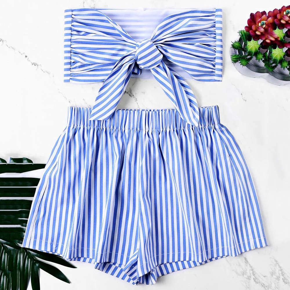 Women Swimwear Swimsuit Bow Bust Top And Striped Two Piece Suits