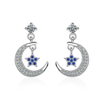 

Women Fashion 925 Silver Shiny Zircon Cute Moon Star Stud Earrings For Lady Female Simple Wedding Party Earring Jewelry ED584