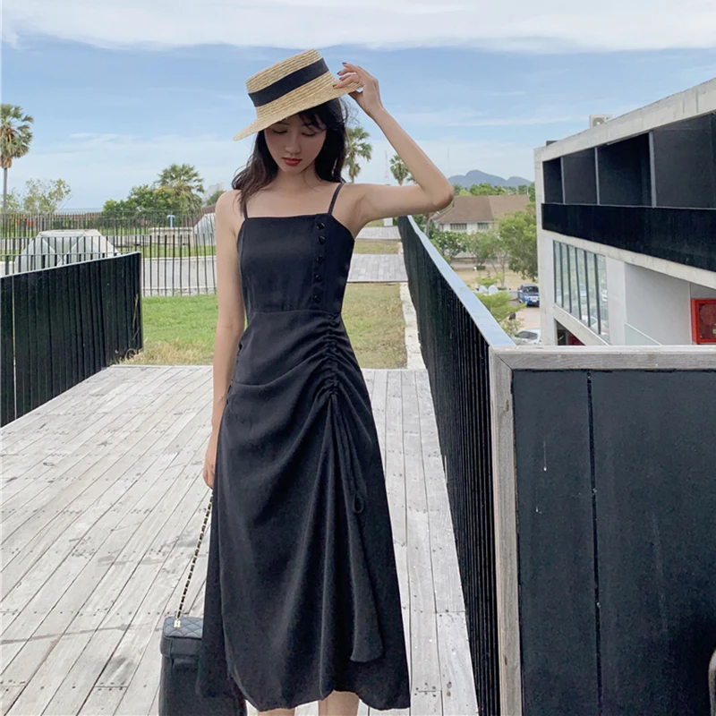 

Elegant Black Spaghetti Strap Dress Women Korean Style Buttons Drawstring Basic Dress Summer New Solid Color Midi Vestidos Mujer