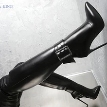 Пикантные женские эластичные высокие сапоги с ремешком на щиколотке; кожаные сапоги до колена с острым носком; женские черные туфли на шпильках; женская обувь на высоком каблуке