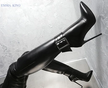 

Sexy Women Ankle Belt Stretch Long Boots Pointy Toe Leather Knee High Boots Women Black Stiletto Heels Shoes Woman High Heels