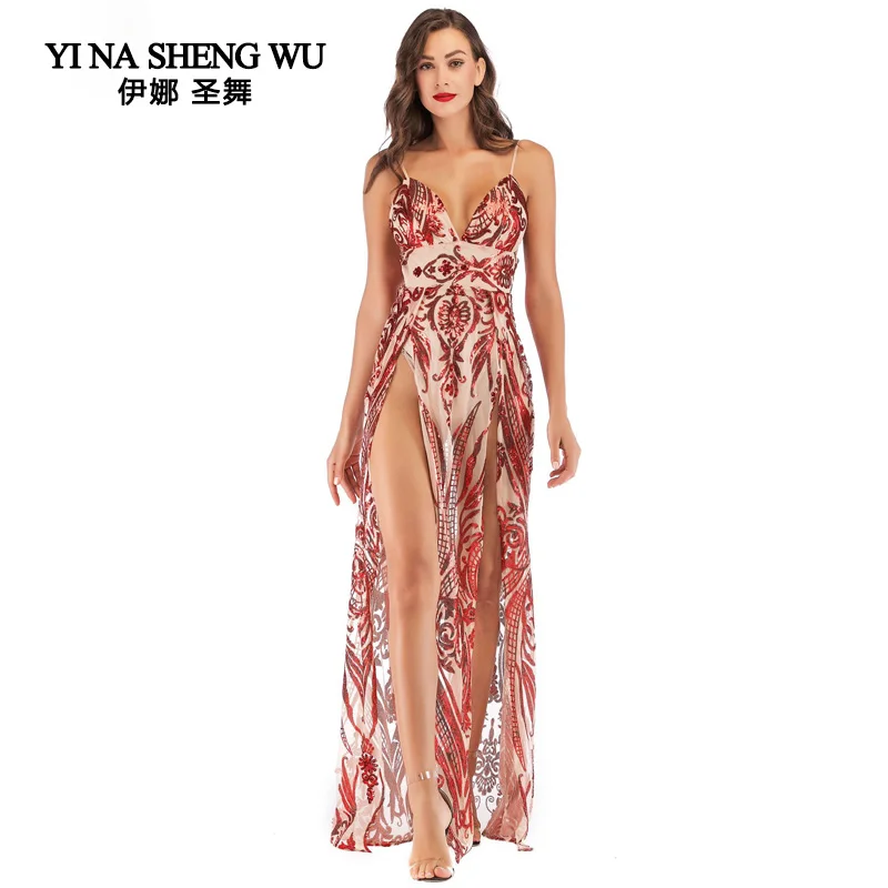 Adult Women Summer sexy Sling backless dress High quality long dance dress Ballroom Party Dress robe femme Split on both sides