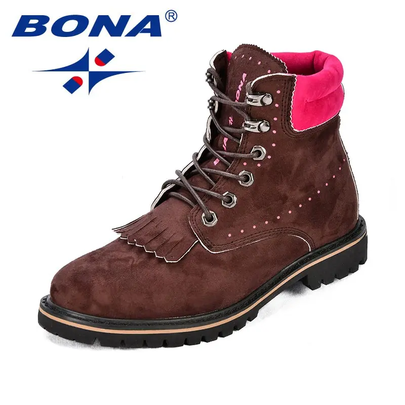 BONA/новые женские ботинки в классическом стиле; женская зимняя обувь из флока на шнуровке; нескользящие износостойкие женские ботильоны; - Цвет: DARK BROWN