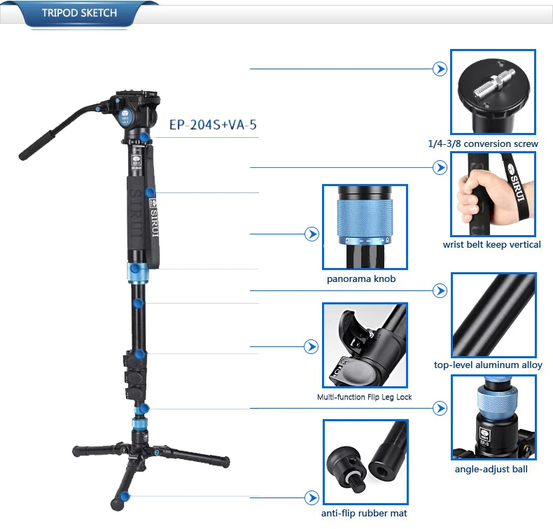 Sirui EP-204S алюминий монопод с VA-5 видеоголовка