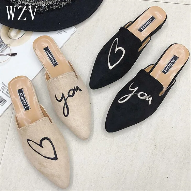 

Women Square Med Heels Slip on Pointed Toe Shoes Women Slippers Fashion 2019 Summer Mules Ladies Casual Shoes E822