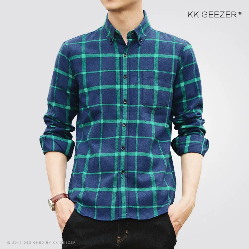 Мужская фланелевая клетчатая рубашка, Повседневная, хлопковая, для отдыха, дышащая,, длинный рукав, тонкая, осенняя, высокое качество, Мужская одежда, рубашка, официальная рубашка - Цвет: Green blue