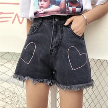 Mihoshop Ulzzang Корейский Корея Женщины Мода Одежда Сердце любви джинсы джинсовые Шорты брюки случайные ноги широко
