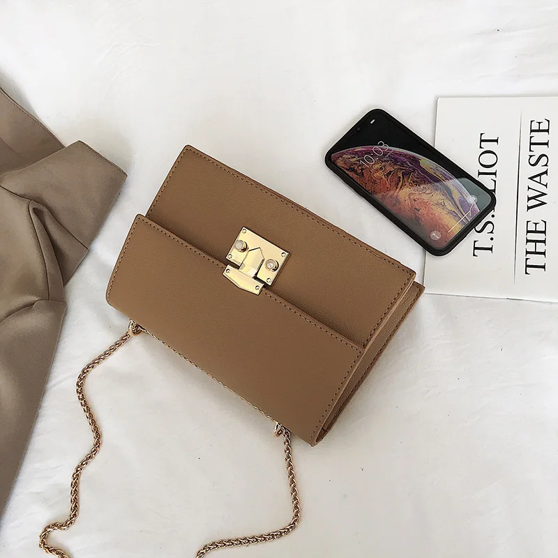 Khaki large Элегантная Женская Повседневная квадратная сумка с клапаном летняя новая качественная кожаная женская дизайнерская сумка с замком на цепочке сумка через плечо - Цвет: Khaki large