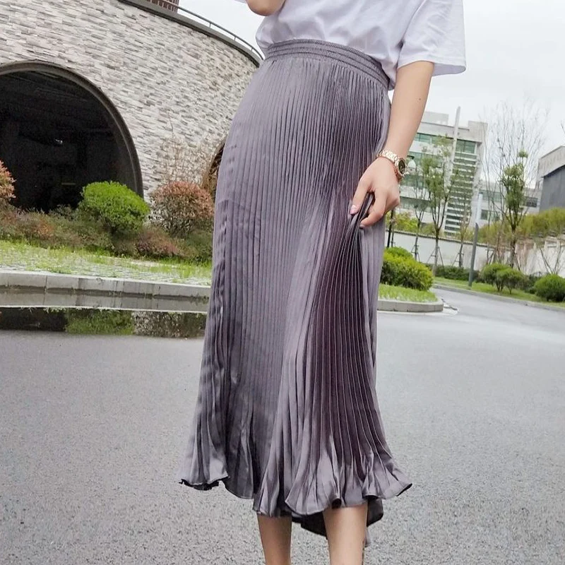 Saimishi большие блестящие металлические элегантные Сатиновые плиссированные юбки летние тянущиеся с высокой талией обтягивающие женские длинные юбки до середины икры