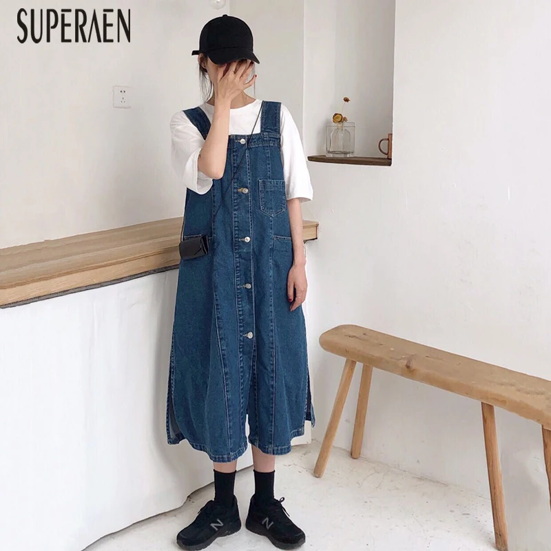 

SuperAen Fashion Women's Sets Summer New 2019 Short Sleeve Solid Color T Shirt Women Casual Wild Sleeveless Denim Dress