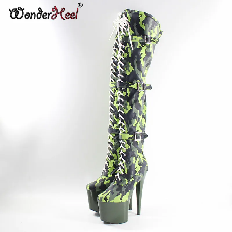 Wonderheel/Сапоги выше колена на очень высоком каблуке 20 см, на платформе, с пряжкой, на шнуровке, в стиле милитари, зеленые сапоги до бедра