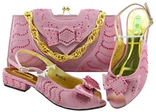 Newest Fashion Summer Decorated With Rhinestone Low Heels Shoes And Bag Fashion Pink color Italian Shoes And Matching Bag Set