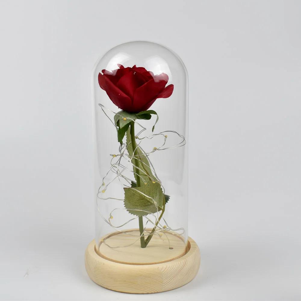 Искусственная красная роза с светодиодный светильник в Стекло купол Красота и с рисунком из мультфильма «Красавица и Чудовище» Роуз Forever для мамочек подарок на день рождения украшения - Цвет: white base