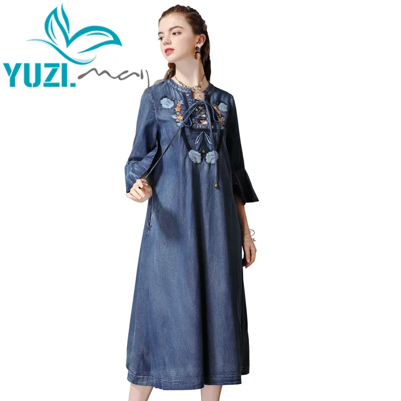 Летнее платье Yuzi. may Boho новые джинсовые женские платья с круглым вырезом и расклешенными рукавами с цветочной вышивкой Vestidos A82169 Vestido