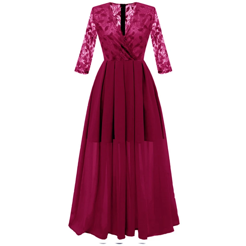 Вечерние Платья vestidos de fiesta, сексуальные платья, рукав семь четверти, v-образный вырез, шифоновое Сетчатое плиссированное платье для женщин, длинное платье Modis vestido - Цвет: wine red