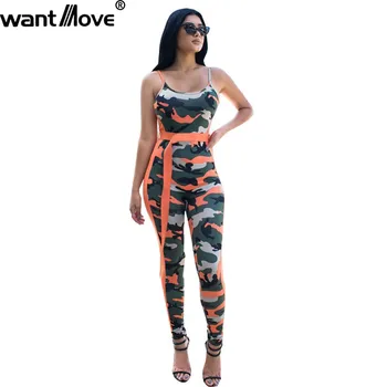 

Wantmove 2018 summer Europe and the new jumpsuit Spaghetti Strap sexy camouflage printed belt jumpsuit WM466