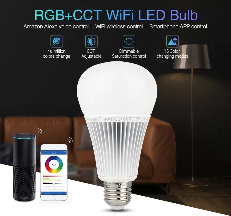 

Mi Light 9W RGB+CCT WiFi LED Bulb E26 E27 B22 Smart RGB LED Bulb Support Amazon Alexa Voice Control Color Temperature Adjustable