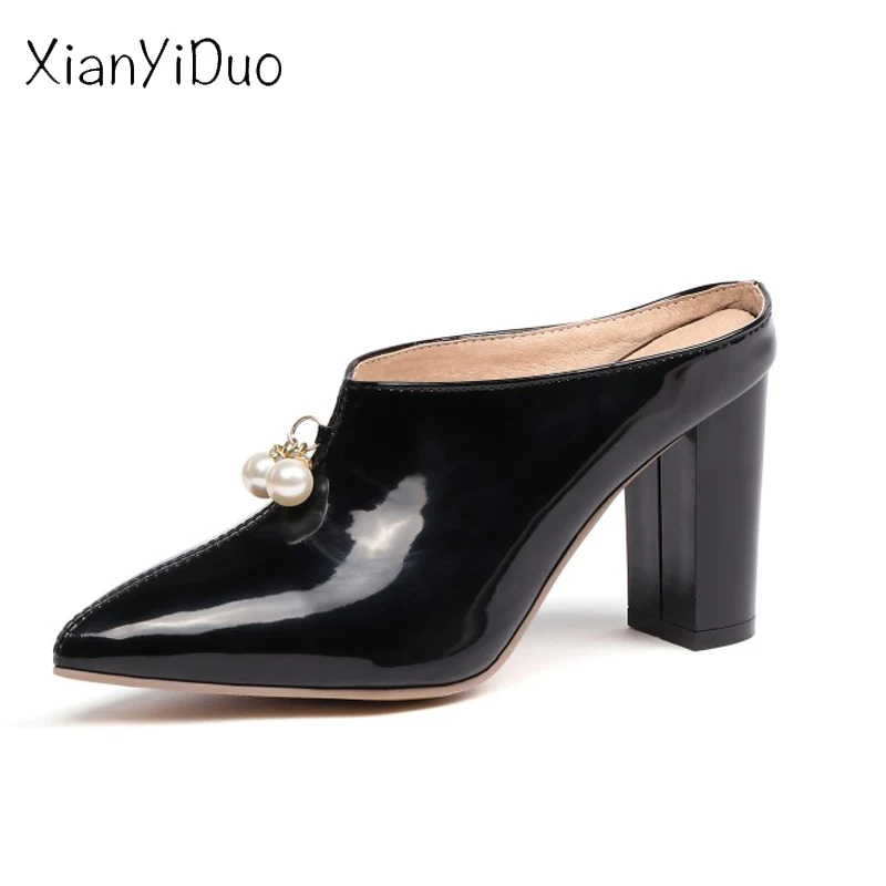 XianYiDuo/Летняя женская обувь; шлепанцы телесного цвета на очень тонком каблуке с кристаллами; большие размеры 34-47; Вьетнамки с закрытым носком; цвет желтый, K-9 - Цвет: Черный