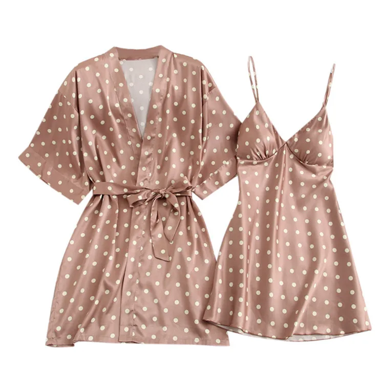 Ladies Summer Sexy Women's Satin Bathrobe+ Night Dress Sets Sleepwear Silk Robe Lingerie Bridesmaid Casual Home Clothes