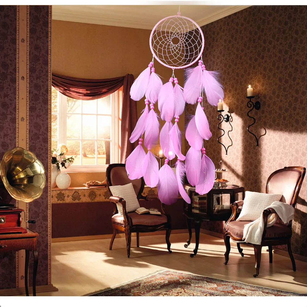 Красивый Ловец снов ручной работы Ловец снов с розовыми гусиными перьями настенный Декор для дома автомобиль Повешенный украшение
